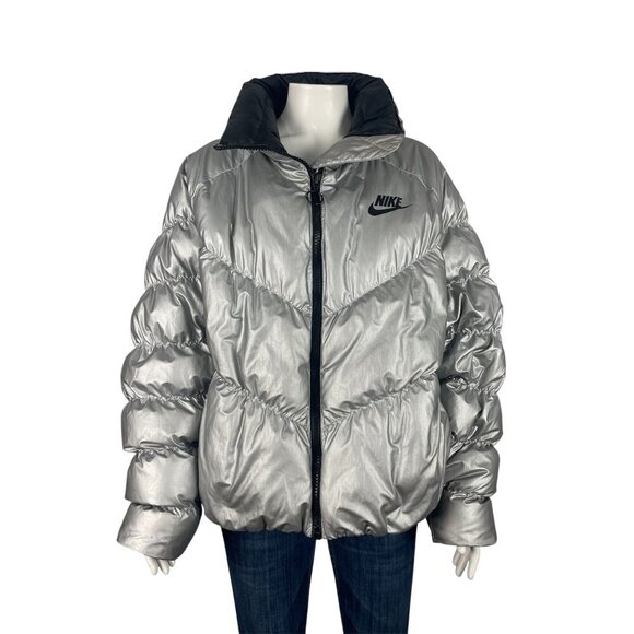 Nike Sportswear Shine Womens Puffer Jacket XL Silver Zip Synthetic Filled Coat - Picture 1 of 8